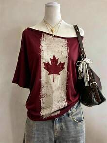 Lalippa Kaos Wanita Minimalis Modis Leher Bulat Motif Daun Maple Aneka Warna, Hadiah untuk Teman - Burgundy - View 1