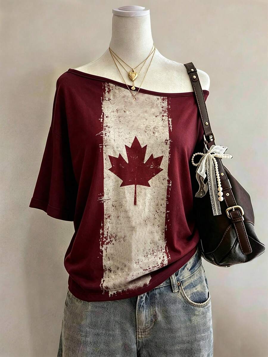 Lalippa Kaos Wanita Minimalis Modis Leher Bulat Motif Daun Maple Aneka Warna, Hadiah untuk Teman - Burgundy - View 1