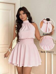 Vionelle Gaun Halter Tanpa Lengan Berlipit Pinggang Berkerut Elegan untuk Wanita Ukuran Plus Warna Pink - Baby Pink - View 1