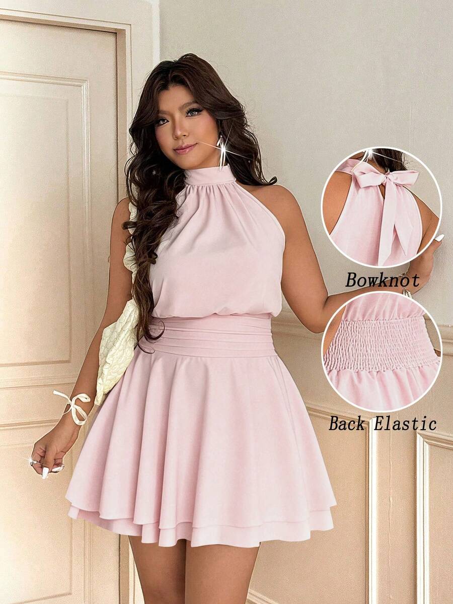 Vionelle Gaun Halter Tanpa Lengan Berlipit Pinggang Berkerut Elegan untuk Wanita Ukuran Plus Warna Pink - Baby Pink - View 1