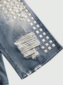 ROMWE Grunge Punk Celana Capri Denim Longgar Bergaya Street Punk Vintage Ukuran Besar untuk Wanita, Sobek, Rusak, dan Bertabur Rhinestone. - Biru - View 4