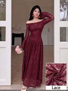 Modelyn Vestido Longo Feminino com Ombros à Mostra em Renda Cor Vinho Tinto. Vestido Longo com Ombros à Mostra em Renda Xadrez, Adequado para Eventos Formais ou Encontros. Elegante para o Outono. - Vinho - Visão 9