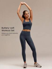 GLOWMODE FeatherFit™ Twist & Sculpt Matching Set With Twist-Back Sports Bra With Removable Cups & 24" High Rise Leggings Yoga Pilates Studio Active - Iron Gray - View 3