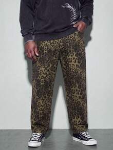 Celana Jeans Pria Model Retro Amerika Motif Leopard Ukuran Besar Potongan Longgar Lurus, Desain High Street - Coklat - View 6