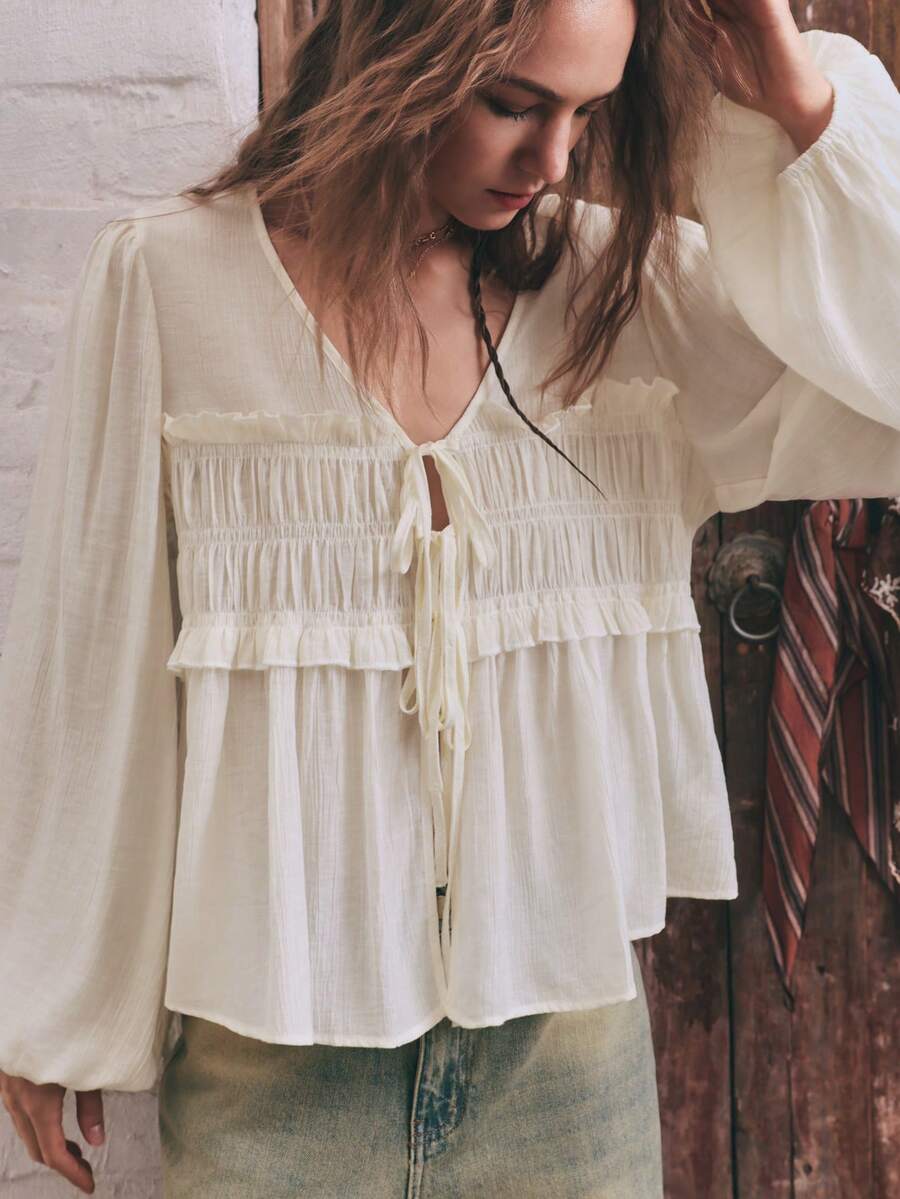 SHEIN Women's Spring/Autumn Shirred Tie Puff Sleeve Blouse, Cream White Textured Fabric, Frill Trim Patchwork, Double Tie Front, Lantern 3/4 Sleeves, Boho - Apricot - View 1
