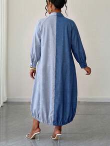 Maweii Gaun Kemeja Lengan Panjang Model High-Low Warna-Blok untuk Wanita Ukuran Plus, Musim Gugur - Biru - View 2