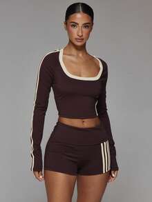 Musera Sport Scoop Front Contrast Colour Stripe Fitted Cropped Active Top Workout Gym Cute Pilates Fitness Daily Fall Winter - Mocha Brown - View 2