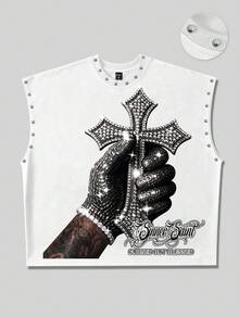 ROMWE MEN Street Life Men's Loose Fit Tank Top With Rivet Decor And Printed Pattern - White - View 5