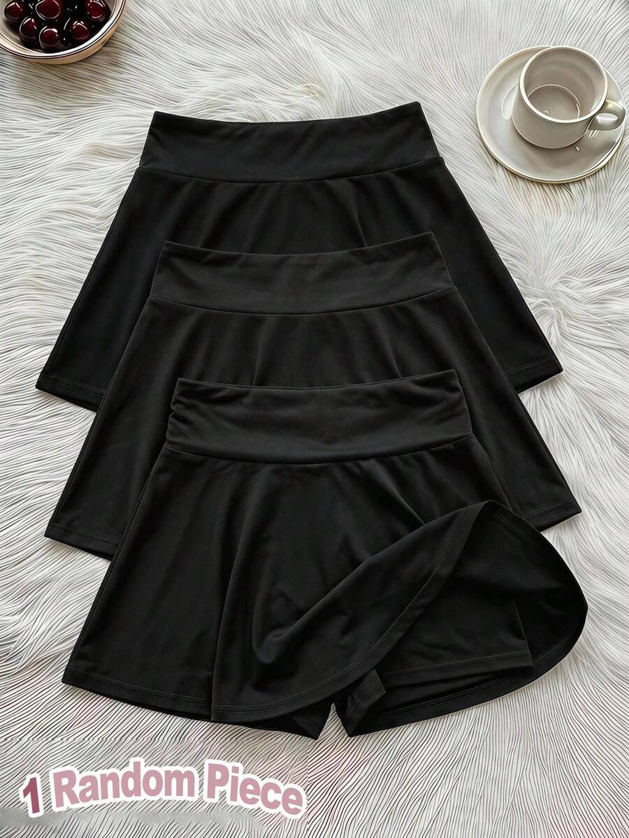 SHEIN 女童黑色防磨裙,夏季高腰A字裙,內建短褲 - 黑色 - 查看 1