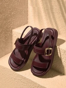 HighSole صنادل نسائية مزدوجة مفتوحة الأصابع بمقدمة مربعة وكعب مسطح ومنصة، بسيطة وكاجوال، مناسبة للتنقل والتسوق والعطلات - عنابي اللون - مشاهدة 3