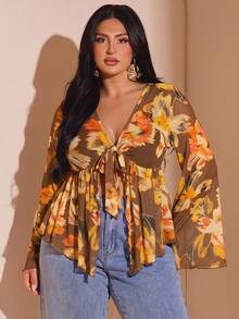 SHEIN BAE 大尺碼女款春夏網紗花卉印花喇叭袖上衣 - 彩色 - 查看 2