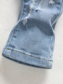 SHEIN Playful Pals Baby Boys' Light Washed Blue Distressed Stretch Denim , PocketedLightweightBreathableRelaxedEasy-CareSoftBoldChicGirlsSchoolStreetwear Pants - Light Wash - View 4