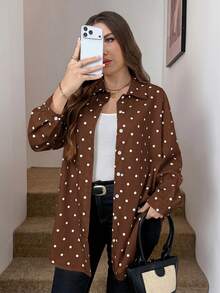 SHEIN LUNE Kemeja Kasual Serbaguna Motif Polkadot Ukuran Besar untuk Wanita, Cocok untuk Aktivitas Sehari-hari - MultiWarna - View 1