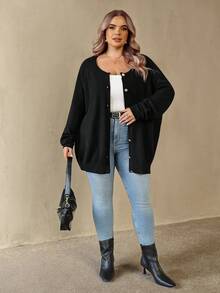 SHEIN CURVE+ Plus Size Women's Solid Color Raglan Sleeve Long Sleeve Casual Loose Knit Cardigan, Autumn/Winter - Black - View 7