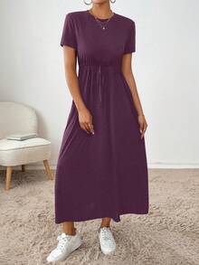 Dayvera Women's Casual Versatile Solid Color Drawstring Waist Short Sleeve Dress - Violet Purple - View 4