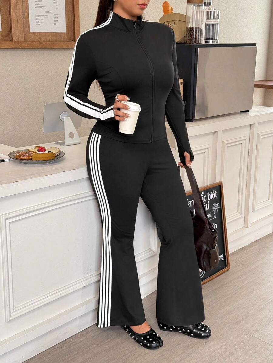 Muchica Plus-Size Women's Color-Blocked Long-Sleeved Top And Flared Pants Casual Everyday Sporty Two Pieces Set, Featuring Zipper And Finger Cot Design. - Black and White - View 1