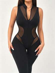 Gameset SHEIN Sport Damen einfarbiger Mesh-Patchwork Reißverschluss-Vorder Ärmelloser Sportanzug - Schwarz - Übersicht 5
