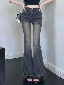 DAZY Celana Jeans Model Flare Denim Ketat dengan Efek Lusuh untuk Remaja Putri Musim Gugur - Biru - View 1