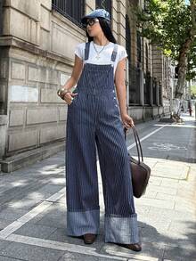 StreetHx Women's Striped Fashion Pocket Button Loose Denim Overalls - Navy Blue - View 4