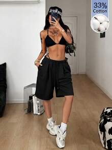 Coolane 女款夏季街頭風日常外出基本款返校休閒運動黑色寬鬆低腰百慕達三角褲 33%棉 舒適 - 黑色 - 查看 2