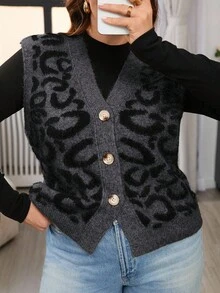 SHEIN Frenchy 秋冬大码休闲豹纹针织背心开衫 - 彩色 - 查看 3