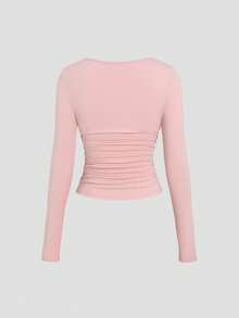 Sweetra Women's Casual Cute Knit 2-Piece Set, Fashion Sexy Lace Patchwork Floral Knit Dusty Pink Long Sleeve T-Shirt And Elastic Knit Pants Lounge Autumn - Baby Pink - View 8