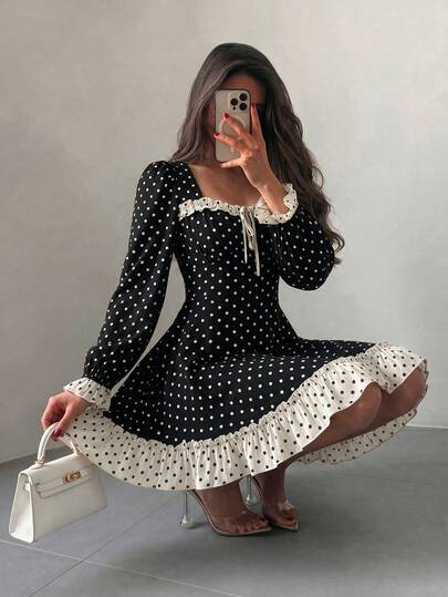 Celisse Women's Polka Dot Print Front Tie Long Sleeve Fashion Dress
