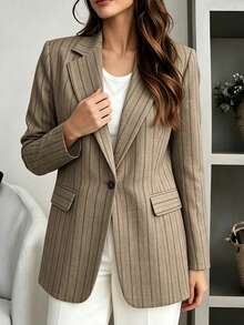 SHEIN LUNE CURVE Women's Summer Khaki Single-Button Blazer, Lapel Long-Sleeve Waisted Mid-Length Suit Jacket, Occasion Wear For Business Commute Office Teachers' Day - Apricot - View 7