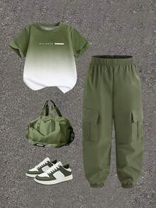 SHEIN Vacaura Set di t-shirt a maniche corte con collo rotondo e pantaloni cargo con stampa di testo in inglese a gradiente per ragazzi pre-adolescenti, adatto per festival, feste, primavera/estate, leggero e confortevole, outfit casual alla moda per strada, campus, all'aperto, regalo - Multicolore - Visualizzare 7