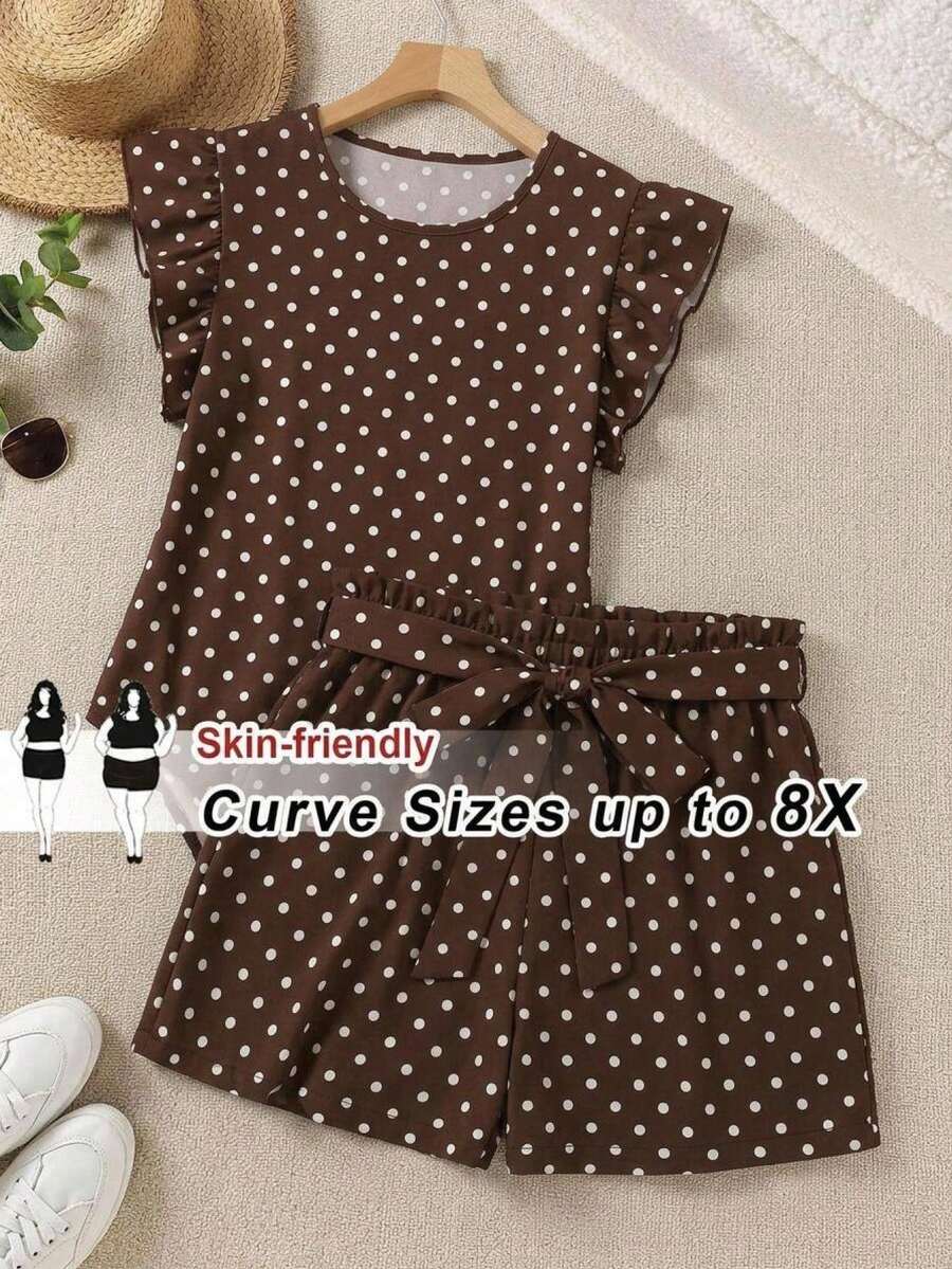 SHEIN CURVE+ Plus Size Women Brown Polka Dot Flutter Sleeve Shorts 2 Pieces Set, Casual Comfortable Outfit For Autumn/Winter - Multicolor - View 1