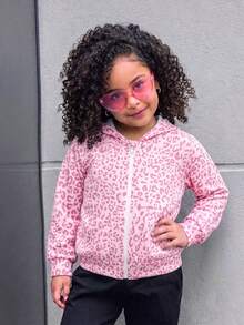 Elladie kids 女童休閒粉色豹紋印花運動衫，經典豹紋連帽夾克，Y2K風格，街頭風，復古，返校季，秋冬休閒，女童休閒，秋冬，校園風，鄉村風，嘻哈風，豹紋長袖上衣，運動衫夾克 - 粉色 - 查看 5