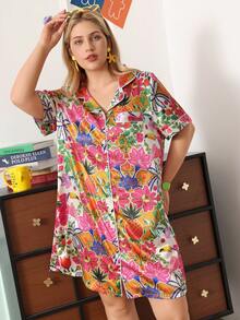 Chillnights Young Fashion 活力趣味多彩熱帶植物熱帶鳥類熱帶花卉鳳梨印花翻領前開襟大尺碼女款睡袍 - 彩色 - 查看 6