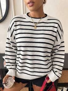 Elenzga Plus Size Casual Striped Versatile Slimming Long Sleeve Crew Neck Knit Sweater Winter - Black and White - View 8
