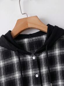 SHEIN CURVE+ 大尺碼連帽寬鬆襯衫 防曬 度假休閒 秋季款 - 黑與白 - 查看 3