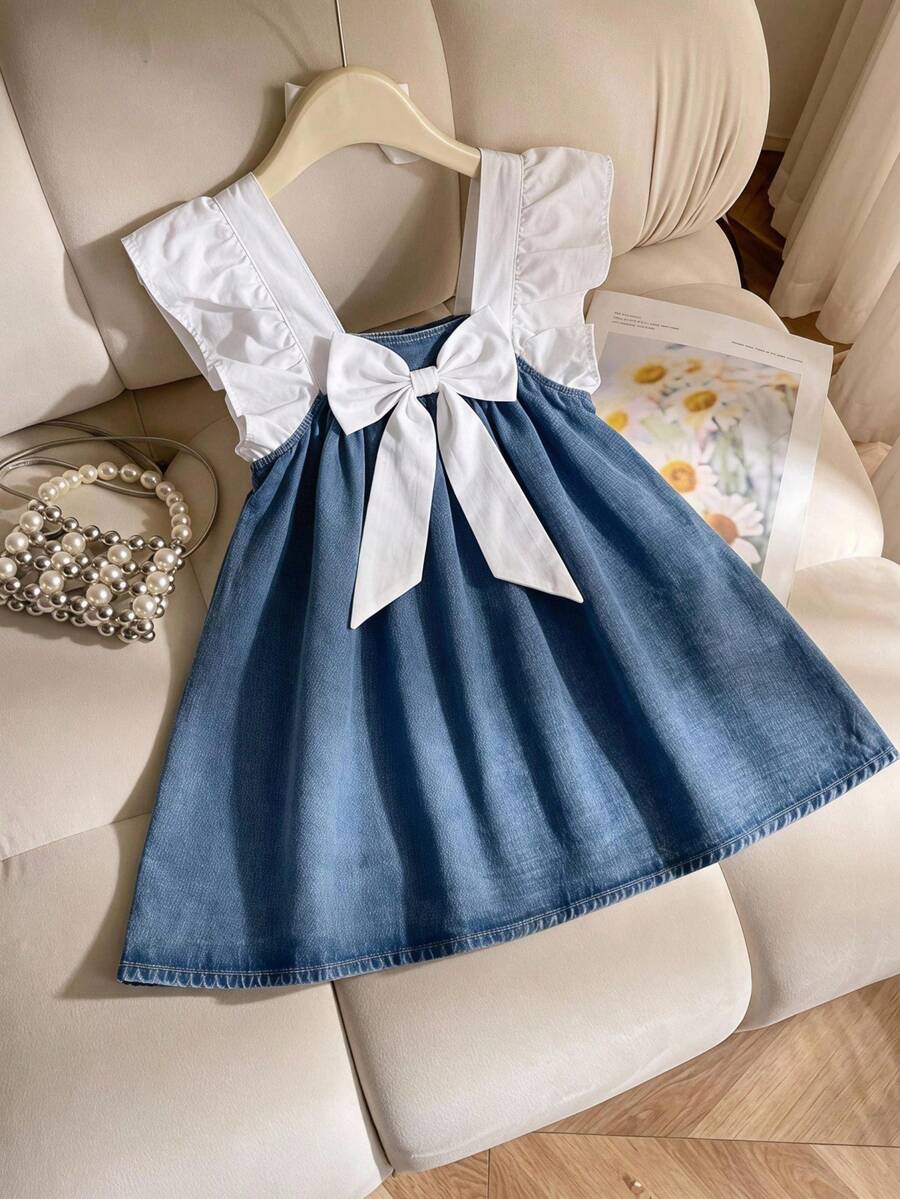 Elladie kids 少女休閒優雅牛仔洋裝，柔軟花卉圖案設計配上飄逸袖 - 藍色 - 查看 1