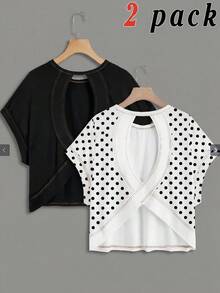 SHEIN Tween Girl 2件組時尚後背交叉開口對比線條設計肩袖開學穿搭 - 黑與白 - 查看 7