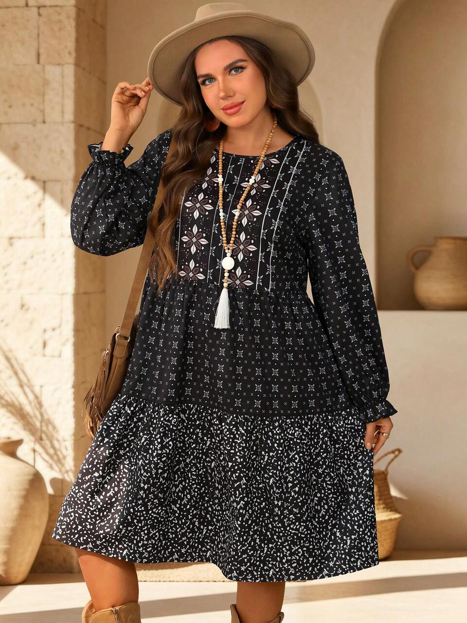 Plus Size Vacation Casual Printed Patchwork Dress Fall