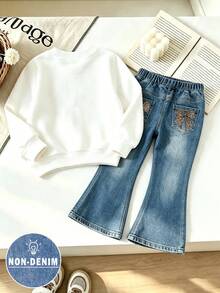 SHEIN 女童 2 件套休閒時尚春夏季秋季女童保暖內裡圓領衛衣與喇叭褲兩件套，蝴蝶結豹紋印花圖案，蝴蝶結豹紋，彈性柔軟面料，可愛甜美圖案，春夏季秋季女童服裝套裝，休閒穿搭，返校，派對，適合戶外野餐 - 彩色 - 查看 2