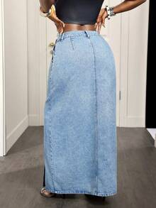 BamGleam Women's Casual Daily Denim Skirt With Pockets, Button And Slit Design - Blue - View 3