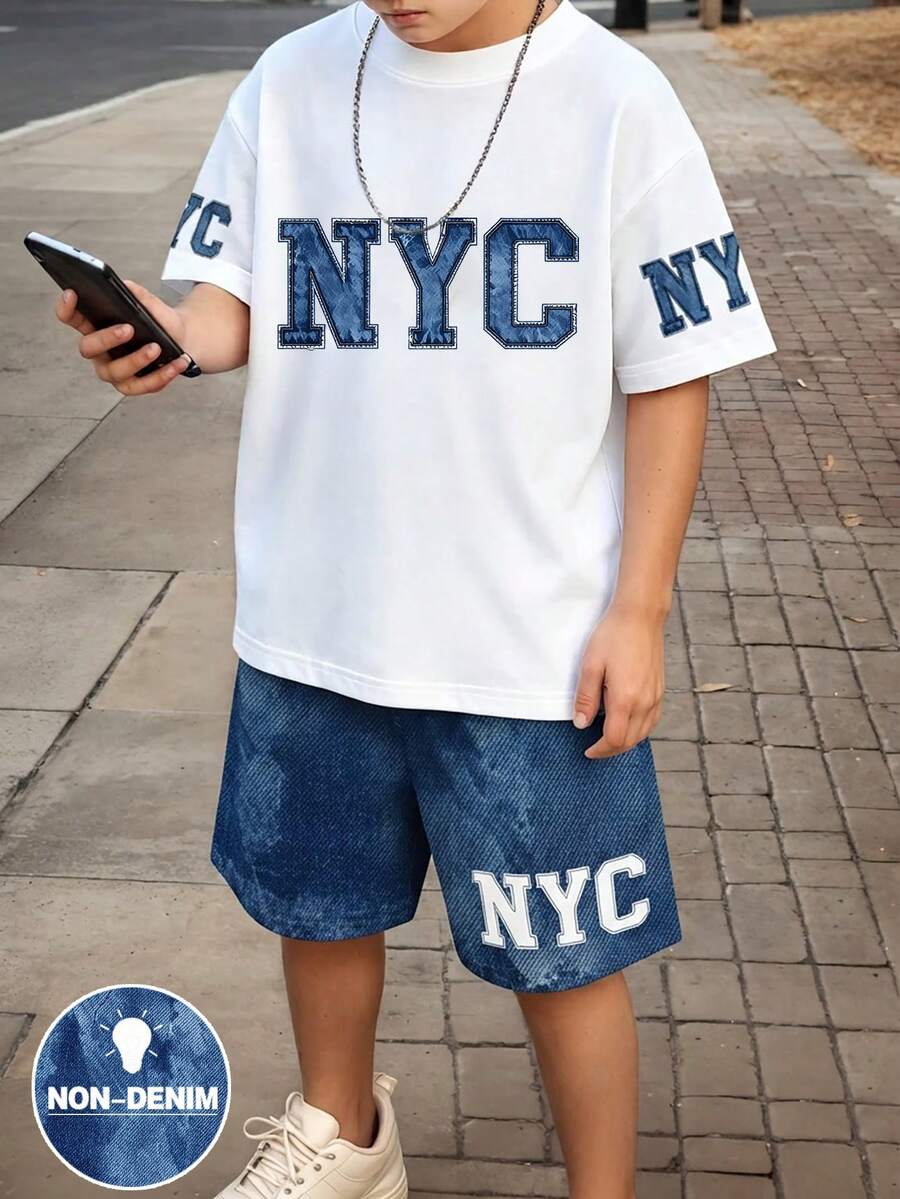 1套夏季新款男童套裝,白色T恤配NYC字母印花,袖口與身軀飾有對應Logo細節,搭配側邊字母印花短褲,時尚休閒百搭,帥氣吸睛,適合拍照、日常出遊、上學、假期禮物與戶外攝影 - 彩色 - 查看 1