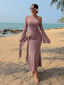 DAZY Elegant Solid Color Asymmetric Ruched Butterfly Decor Fishtail Midi Dress For Women, Autumn Sundress - Pink - View 3