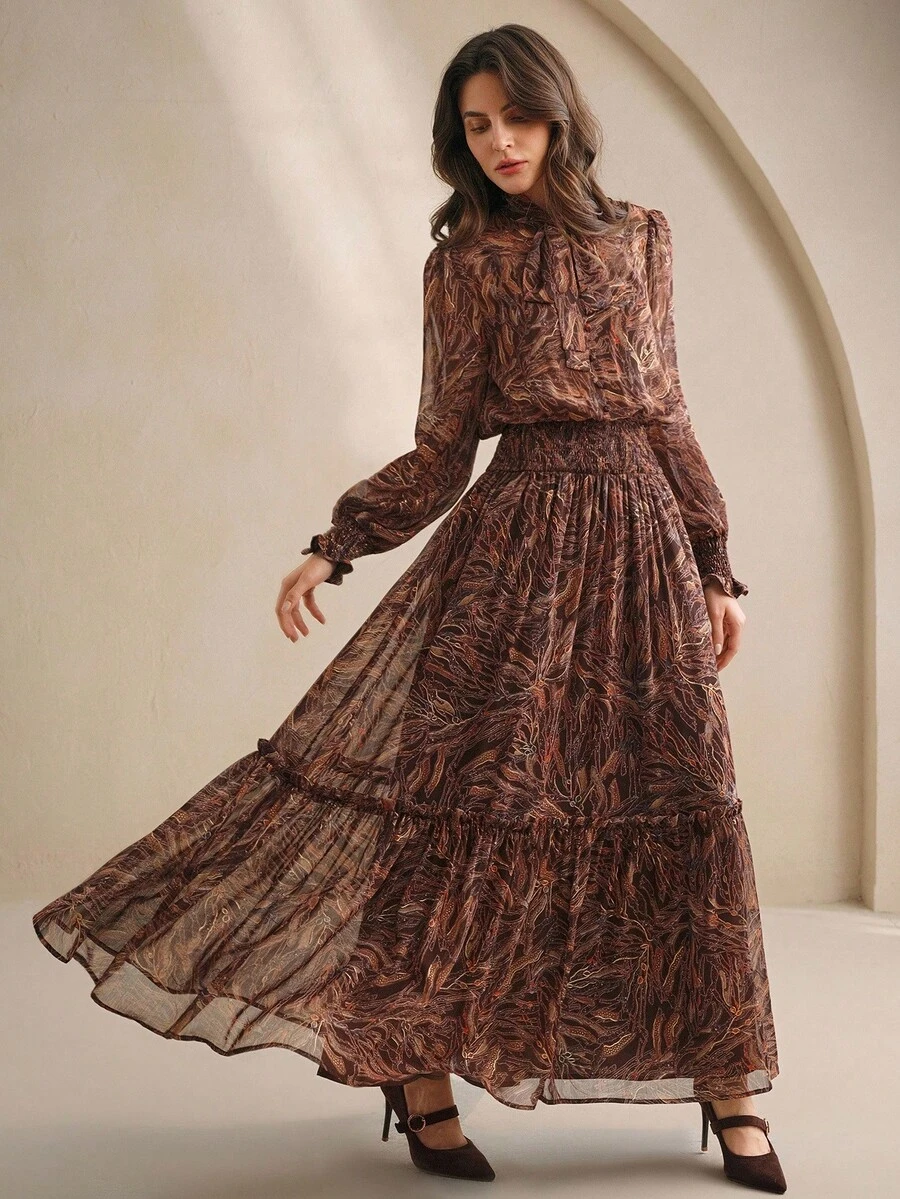 Anewsta Fall/Winter Elegant Vintage Romantic Slimming Cinched Waist Floral Print Dark Brown Long Dress For Women Thanksgiving Brunch Dinner - Brown - View 1