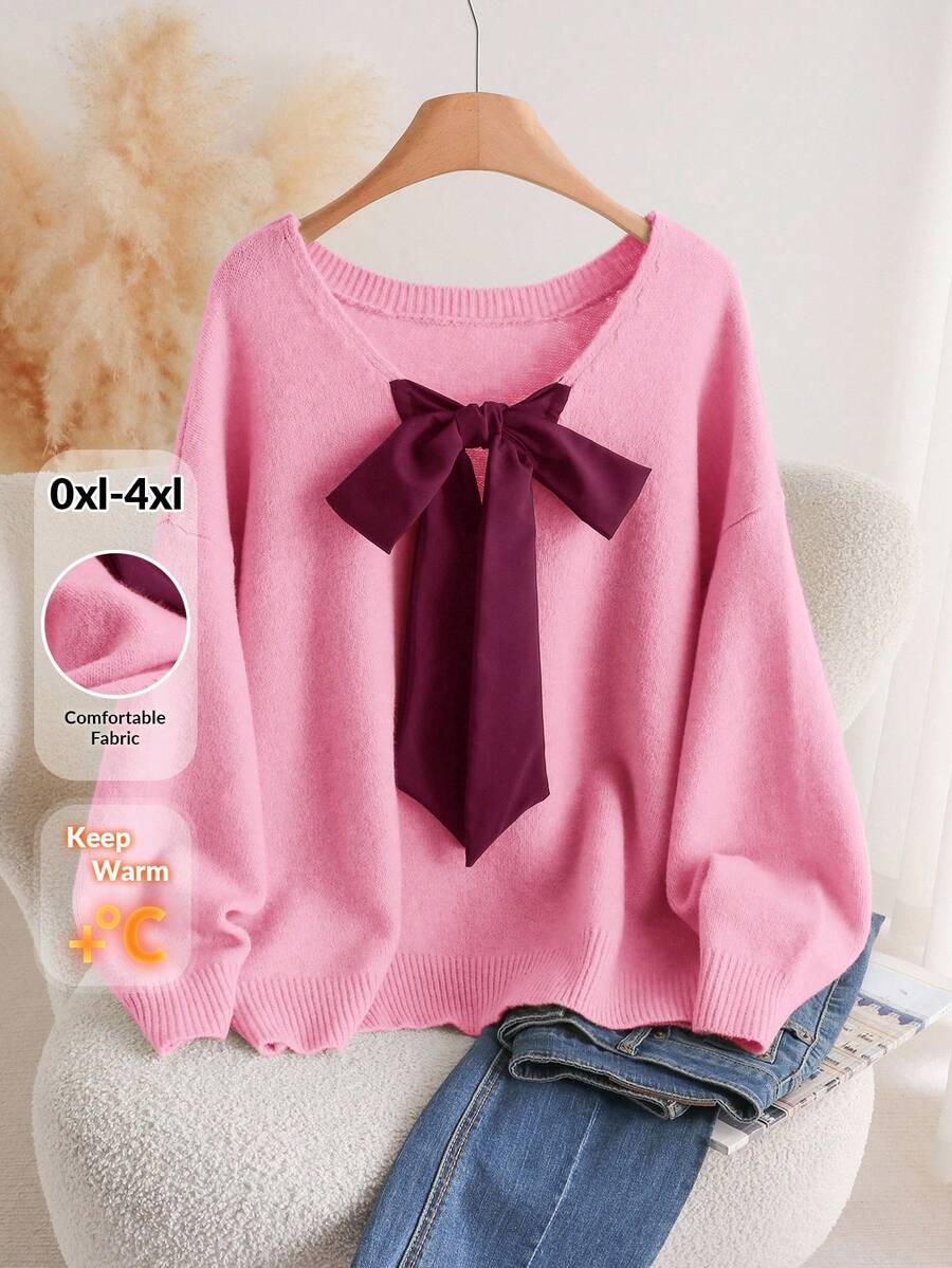 CosyJoli Plus Size Casual V-Neck Bowknot Backless Loose Pullover Sweater/Winter Pink - Pink - View 1