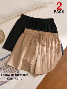 Story & Sage Women's Casual Home Vacation Loose Drawstring Bow Textured Shorts, Spring/Summer, Black Beige, Multi-Pack Sleep Home Daily - Multicolor - View 1