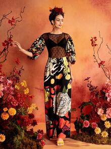 Glamance Frida Kahlo X SHEIN Women's Floral Print Pocket Loose Wide Leg Pants, Suitable For Outings, Gatherings And Parties - Black - View 4