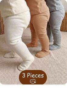 SHEIN 3pcs/Pack Newborn Baby Girl Solid Color Knit Simple Casual Cute Versatile Leggings Fall Winter - Multicolor - View 6