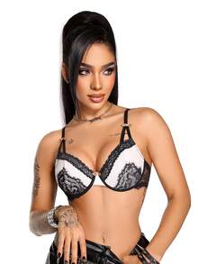 AltBold 1pc Women's Lace Patchwork Underwire Thin Cup Comfortable Bra - Black and White - View 4