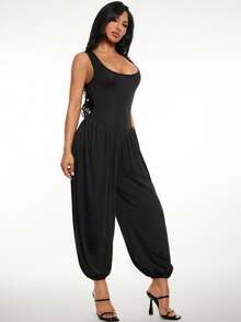 Radiana Women's Vacation Ruched Loose Fashion Tapered Leg Jumpsuit - Black - View 4