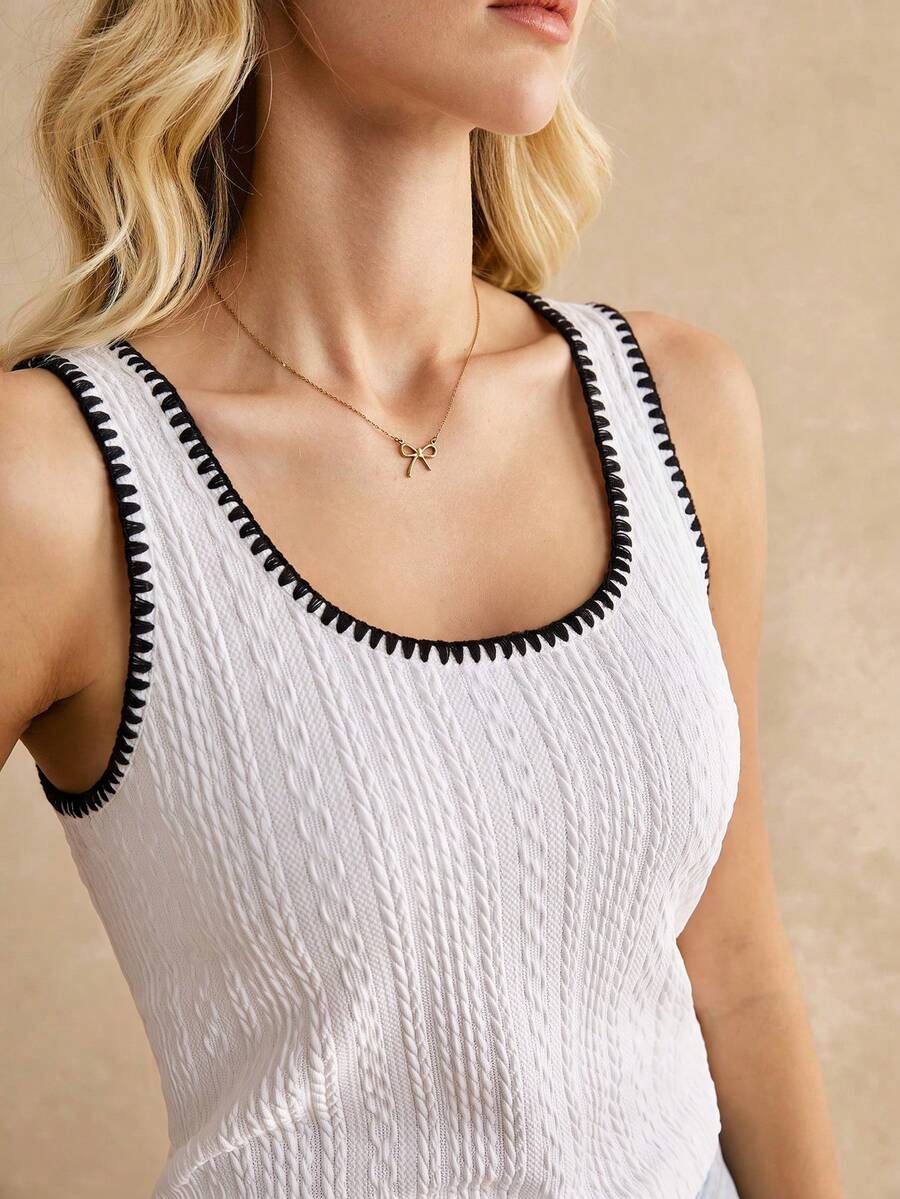 Poéselle Women's Floral Bud Trim Textured Casual Versatile Tank Top - White - View 1
