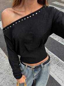 Aloruh Women's Solid Color Rivet Design Asymmetric Shoulder Long Sleeve Fashion Sweater - Black - View 3